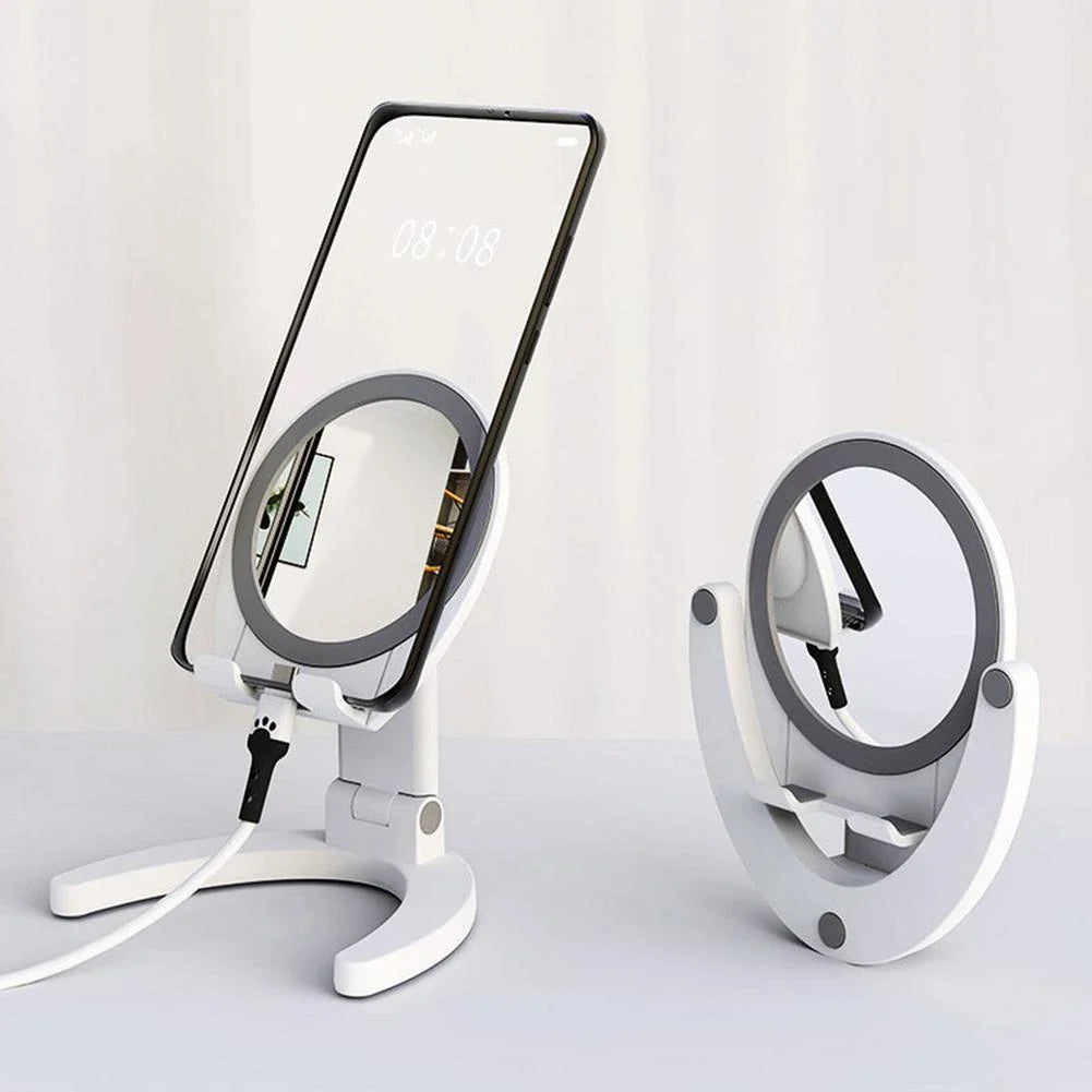 Adjustable phone stand with built-in makeup mirror for hands-free viewing and on-the-go grooming