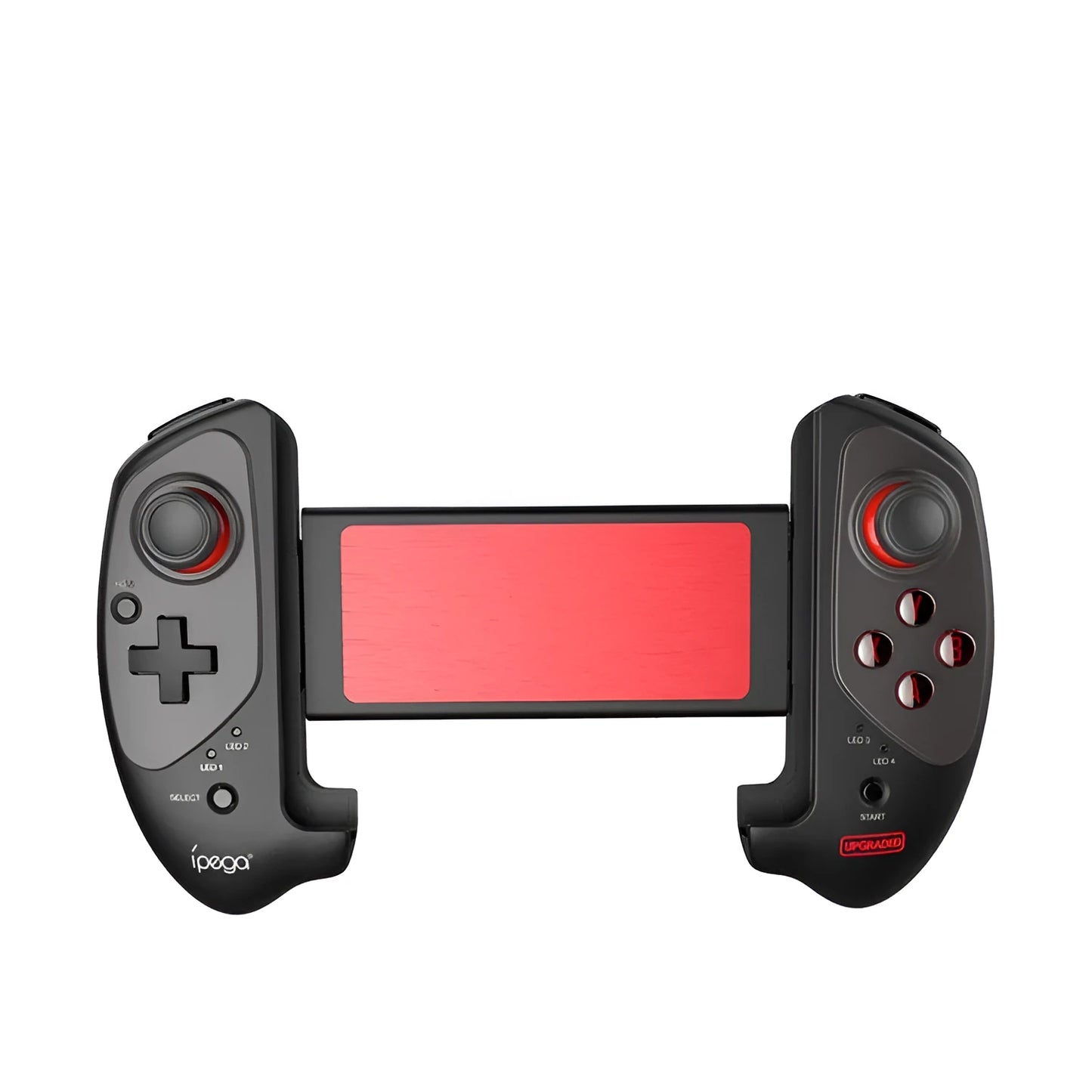 Red telescopic Bluetooth gamepad extended with smartphone mounted between controls