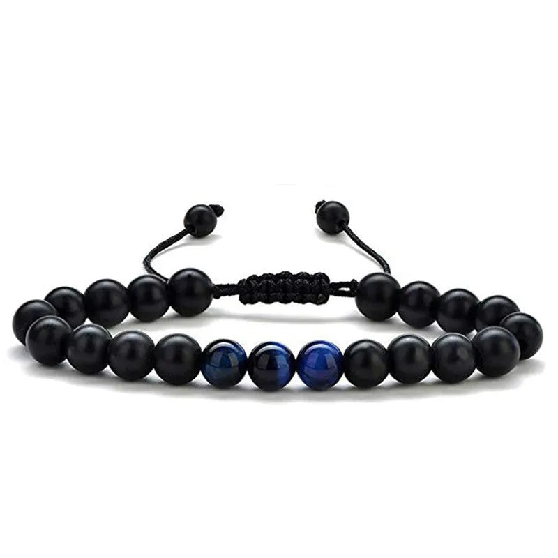 Tiger eye couple bracelets with matte black agate beads in geometric design