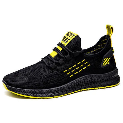 Men's black casual sports shoes with cross-strap detail and a Flying Weave upper, shown on a white background.