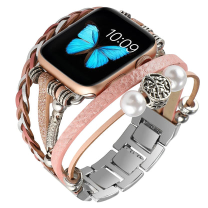 Vintage metal leather beaded watch strap for Apple Watch in 38mm to 45mm, shown in Silver, Beige, Black or Pink