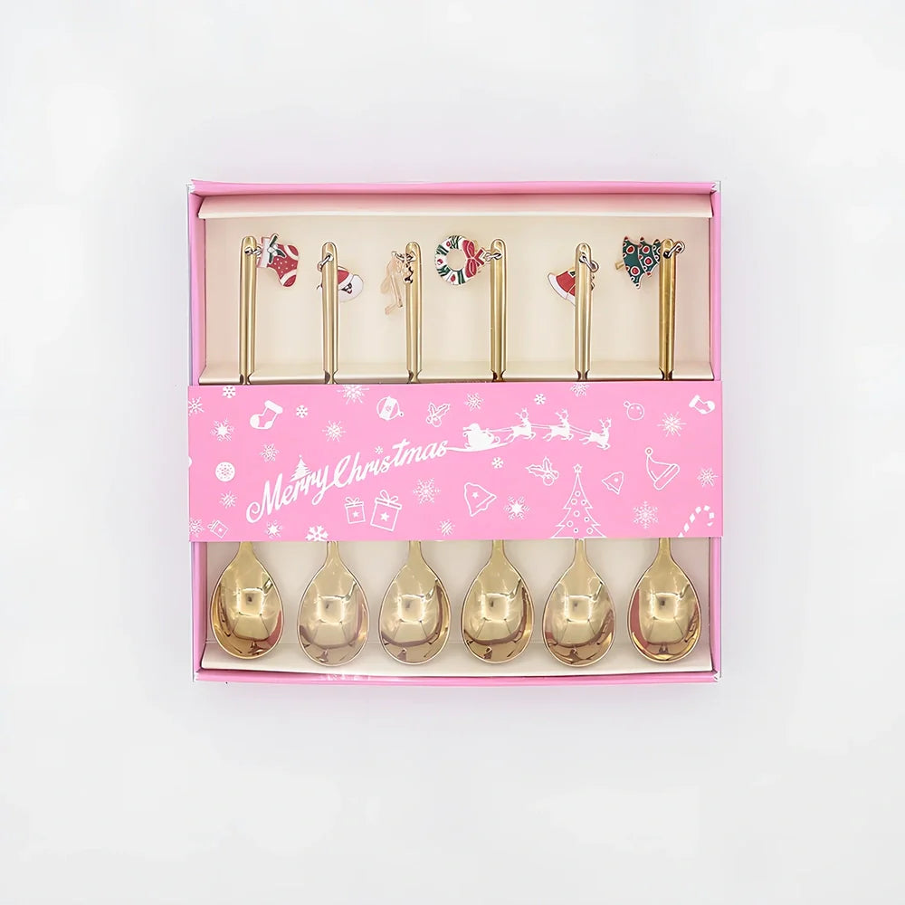 Christmas spoon set with silver and gold finishes, 135mm long stainless steel dessert utensils