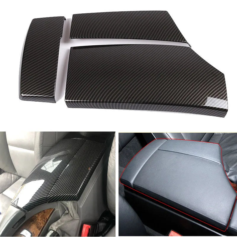 Set of three black ABS armrest box covers with a diagonal carbon fibre weave pattern and polished surface.