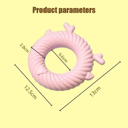 Deer-shaped dog chew toy with spiral grooves in light blue, pink, or green colours