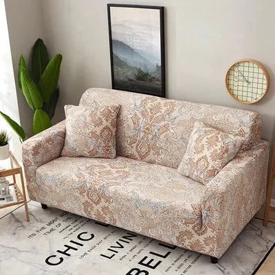Printed stretchable sofa slipcover with geometric abstraction pattern on a three-seater sofa, showing tight fit and modern design.