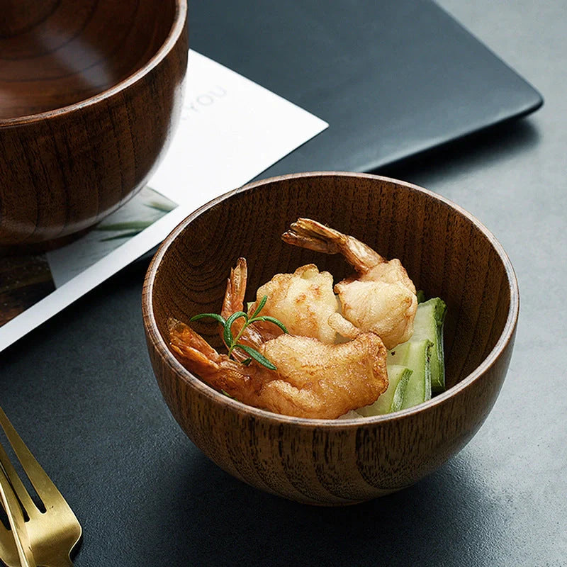 Handcrafted Japanese style wooden bowls for rice, soup, and salad