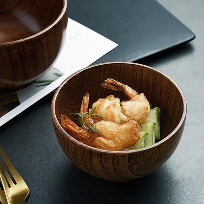 Handcrafted Japanese style wooden bowls for rice, soup, and salad