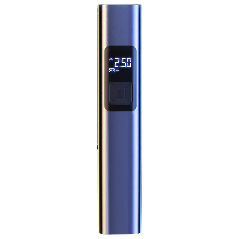 Wireless digital display car inflator and vacuum cleaner with emergency light, shown with accessories.