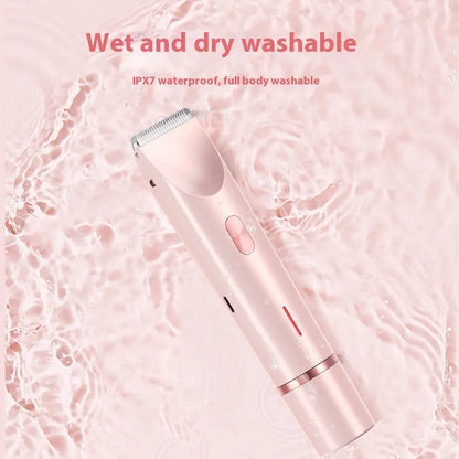 Pink electric shaver with double head, USB cable, and brush for women's body grooming