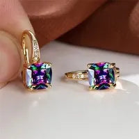 Square zircon inlaid geometric ear hooks in Korean style with electroplated finish