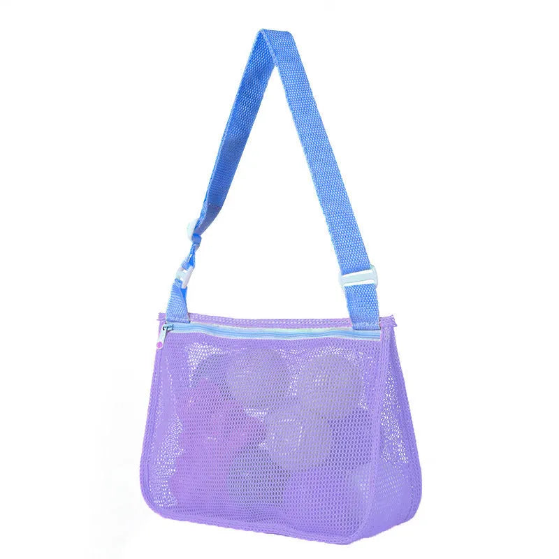 Blue children's drawstring travel storage bag made of nylon mesh for organising toys and clothes.