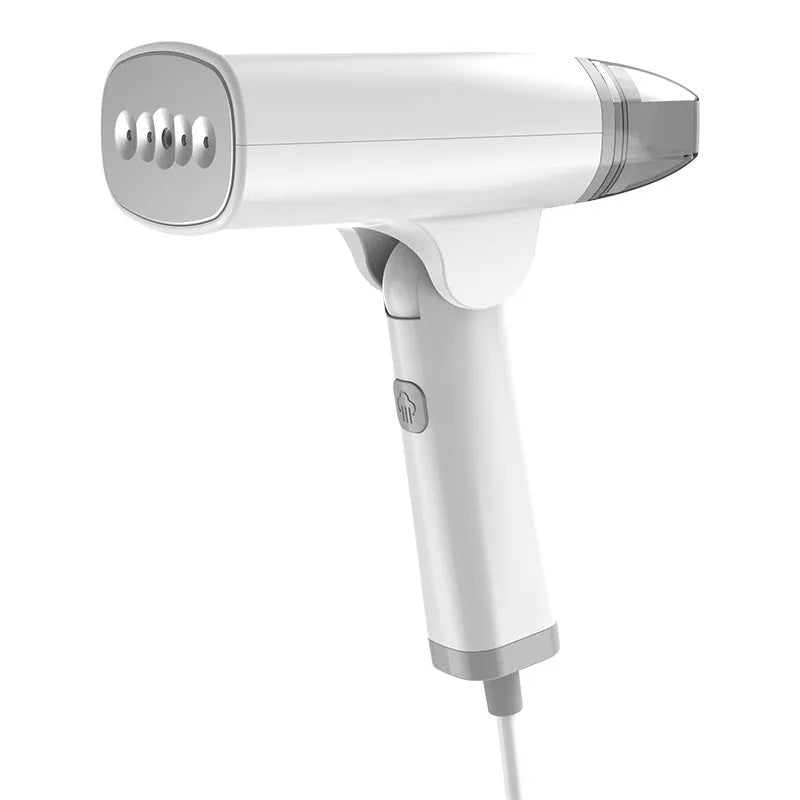 Blue handheld garment steamer with water tank, measuring 196mm long, on white background