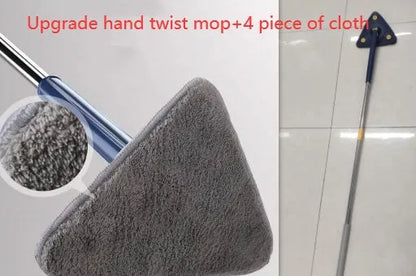 Blue extendable triangle cleaning mop with rotating head on a stainless steel pole.