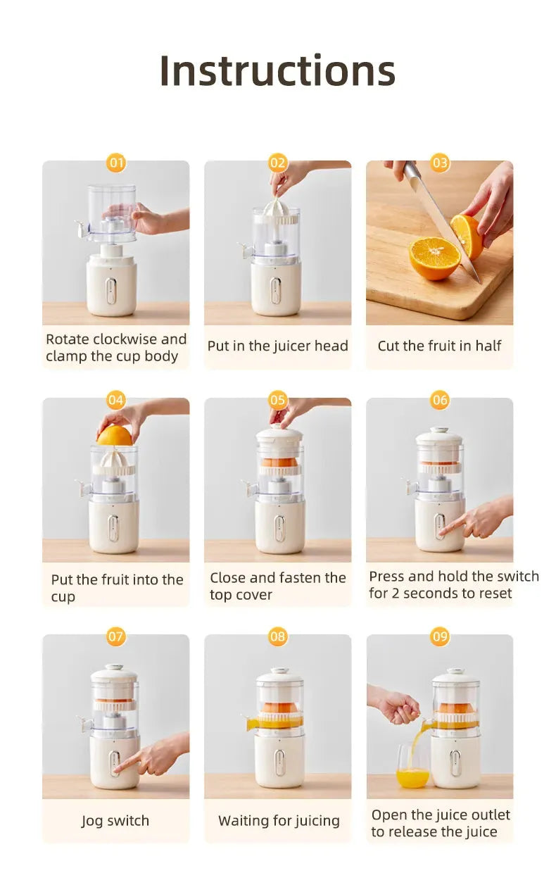 Fresh green portable USB electric juicer and blender for oranges and vegetables on a kitchen counter.