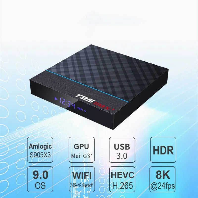 Black T95 Max Plus Android TV Box set-top unit with remote control on a wooden surface.