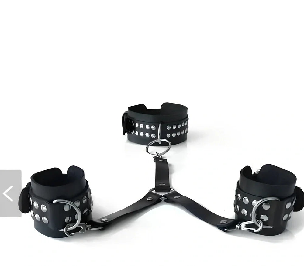 Black leather backhand neckcuffs with adjustable straps and nickel-plated buckles