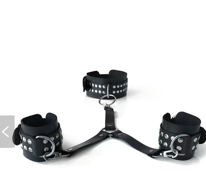 Black leather backhand neckcuffs with adjustable straps and nickel-plated buckles