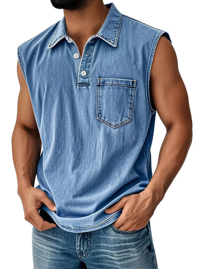Man wearing a short-sleeve polo shirt with a colourful 3D digital print design on the front.