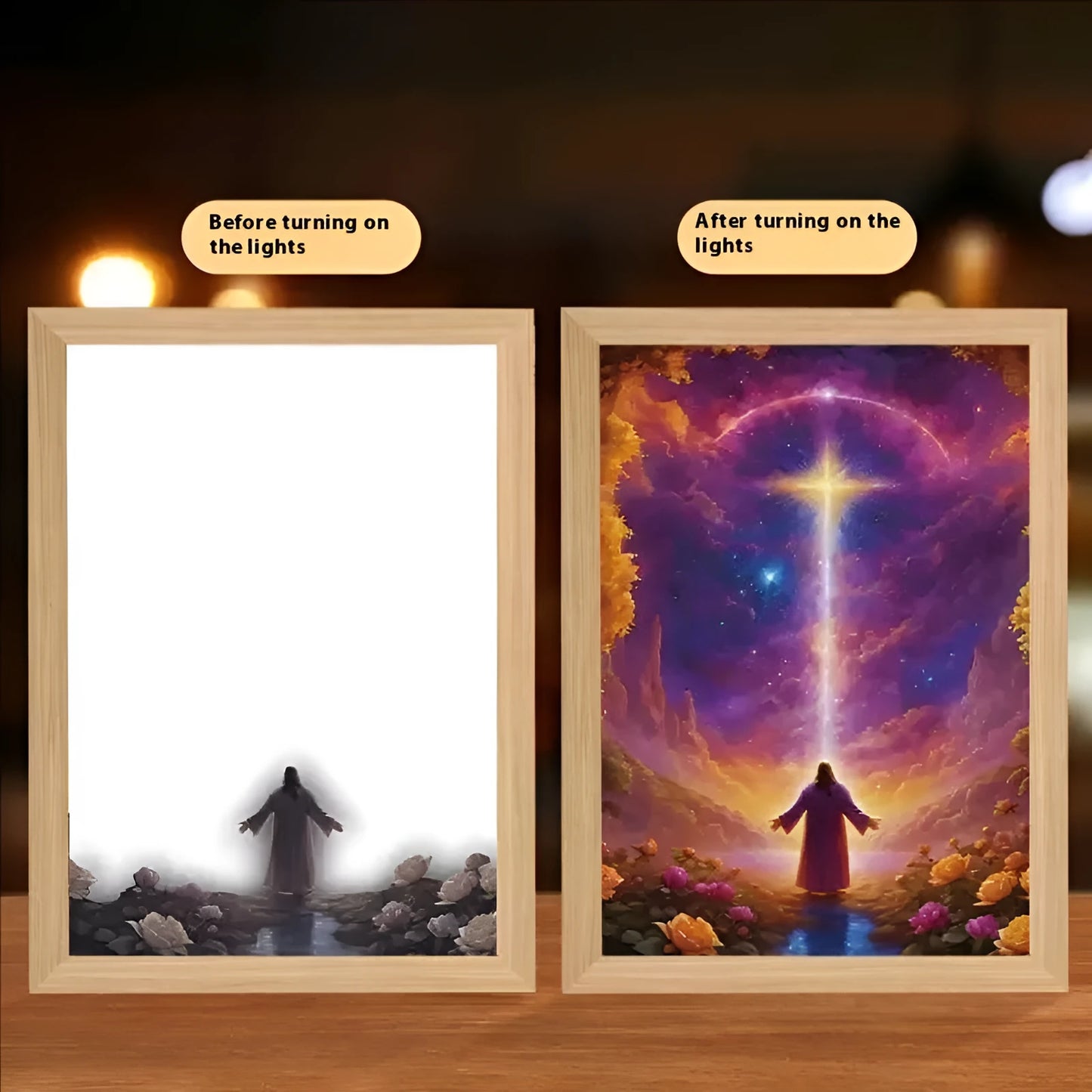 Modern rectangular light painting photo frame displaying an illuminated cross and scenic artwork.