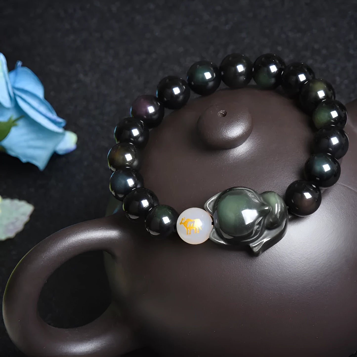 Natural obsidian stone bracelet with 10mm beads in gold, silver or black zodiac guardian styles