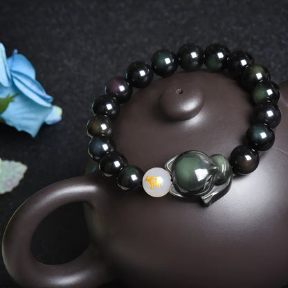 Natural obsidian stone bracelet with 10mm beads in gold, silver or black zodiac guardian styles