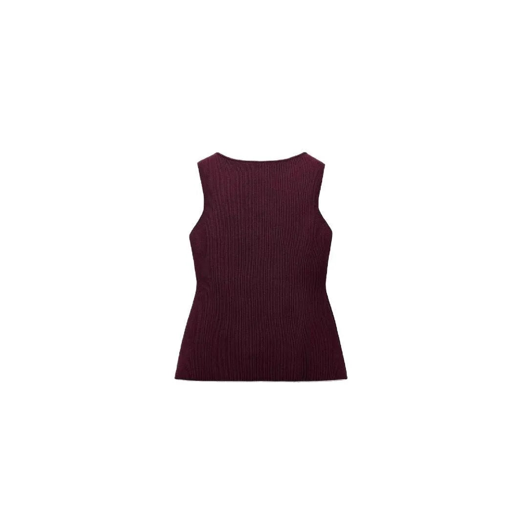 Women's dark red slim fit sleeveless sweater vest with gold buttons on a hanger.