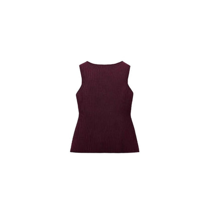Women's dark red slim fit sleeveless sweater vest with gold buttons on a hanger.