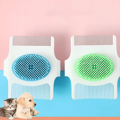 Blue and green multifunctional pet grooming tool with floating hair removal and massage features