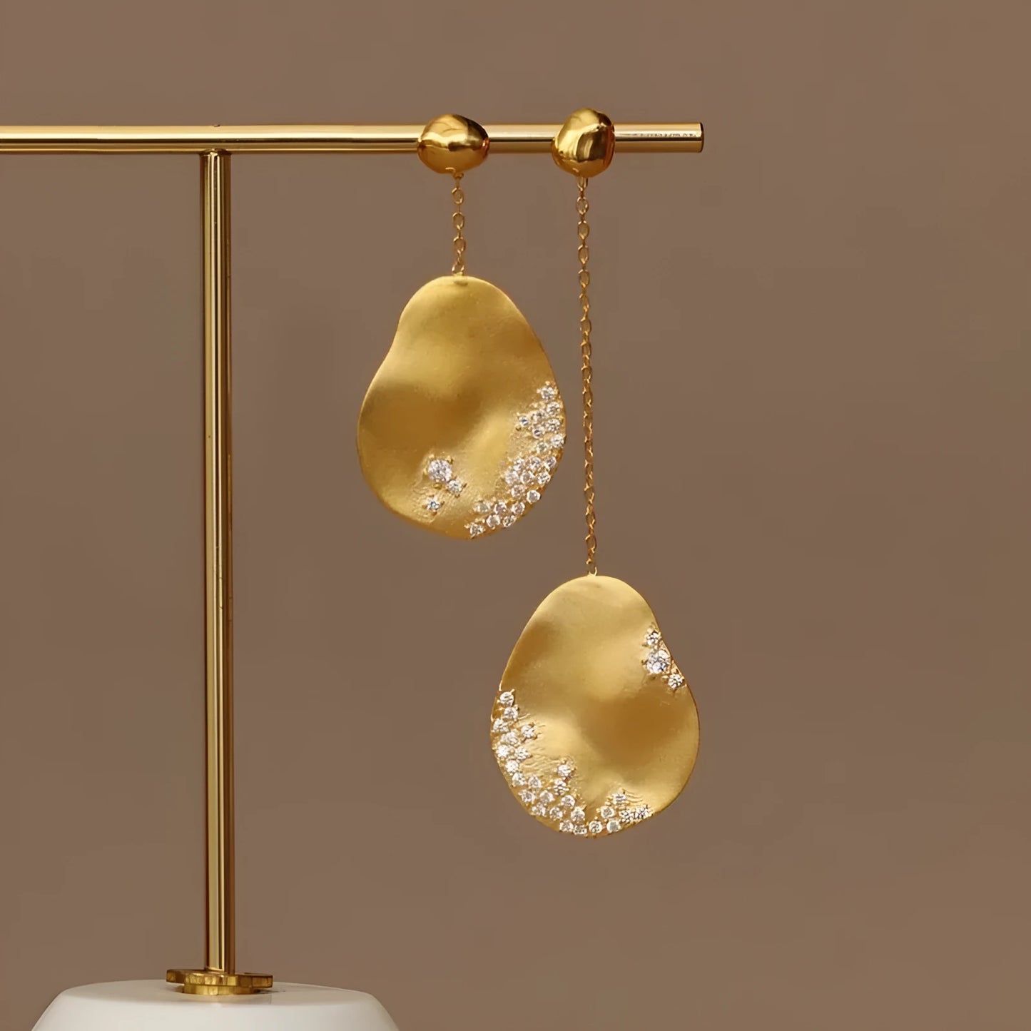Asymmetric floral earrings with Chinese style design in gold and silver plating options with zircon detailing