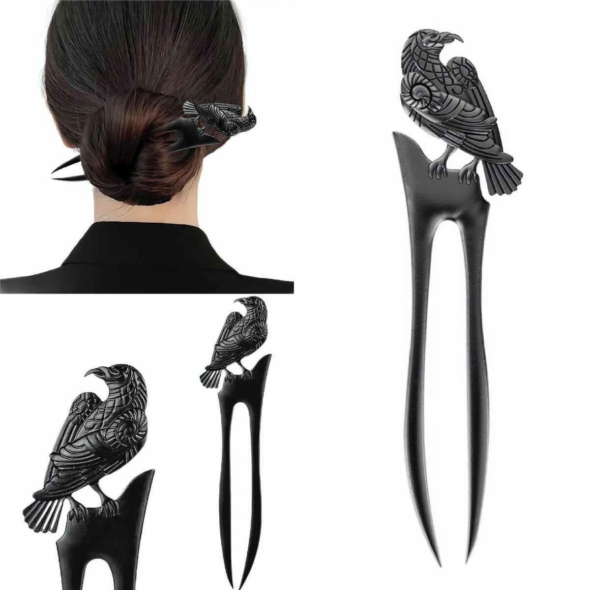 Black metal hairpin with double-sided crow carving, retro style, 16cm length
