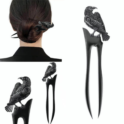 Black metal hairpin with double-sided crow carving, retro style, 16cm length