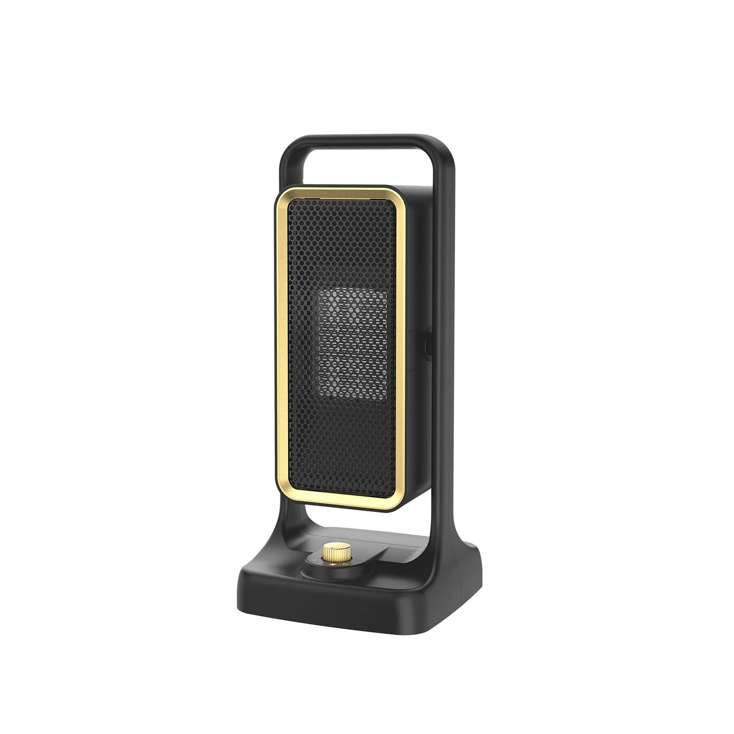 Black PTC ceramic desktop air heater with knob control, dimensions 14.9cm wide by 33.5cm high