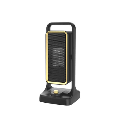 Black PTC ceramic desktop air heater with knob control, dimensions 14.9cm wide by 33.5cm high