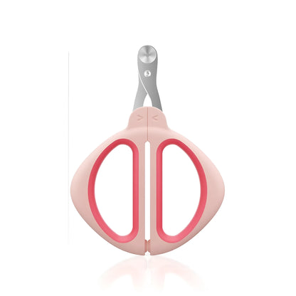 Blue cat nail clipper with a round safety-guide hole and stainless steel blade on a non-slip handle.