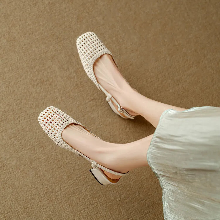 Women's beige woven hollow-out sandals with closed square toe, chunky 4cm heel, and buckle fastening on foot
