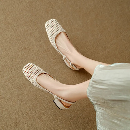 Women's beige woven hollow-out sandals with closed square toe, chunky 4cm heel, and buckle fastening on foot