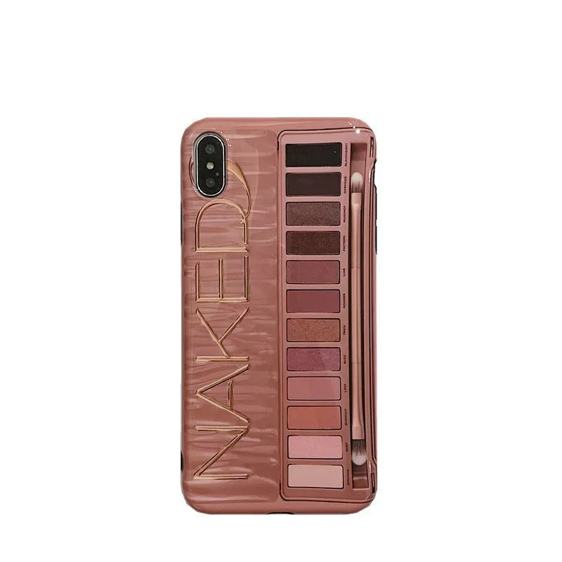 Silicone eye shadow phone case for iPhone showing flesh and grey colour options with precise port cutouts
