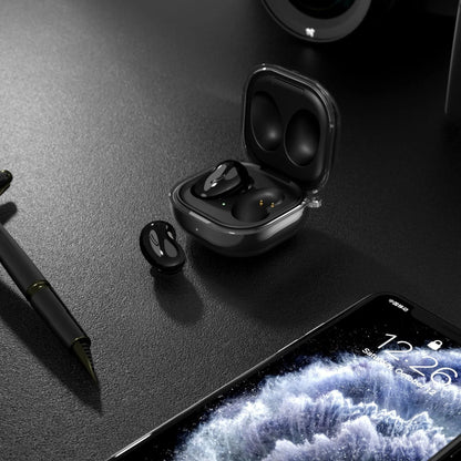 Bluetooth transparent ear case in clamshell design showing translucent colour options
