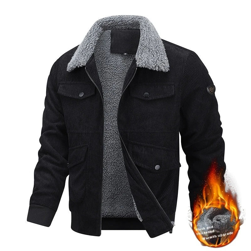Premium men's fleece jacket with pockets, available in Khaki, Grey, and Black colors in sizes M to 8XL