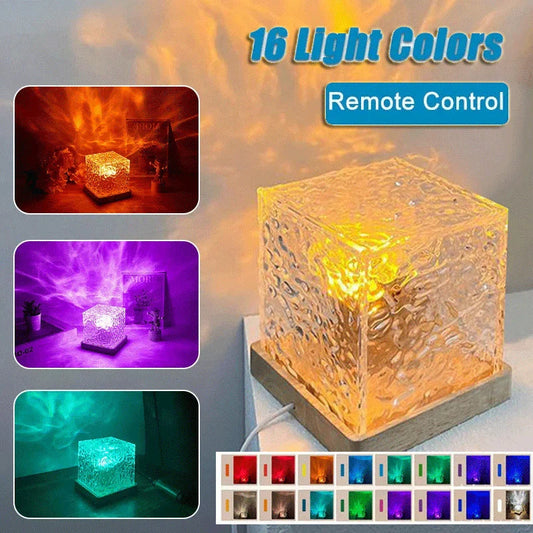Mesmerizing water ripple lamp with rotating crystal base and 16 color options, creating a soothing, relaxing ambiance in the home