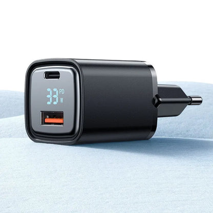 Black dual-port digital display fast charging charger, USB-A and USB-C, European standard plug, 81x33x28mm, model CH-1701