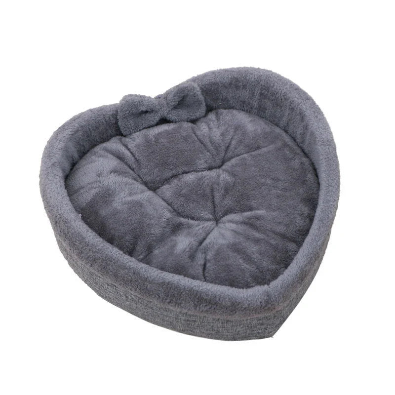 Cozy heart-shaped pet bed in grey and pink colors, suitable for small, medium, and large dogs and cats