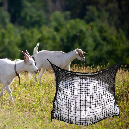 Black woven grid hanging feeding bag for horses, showing size and rope construction.