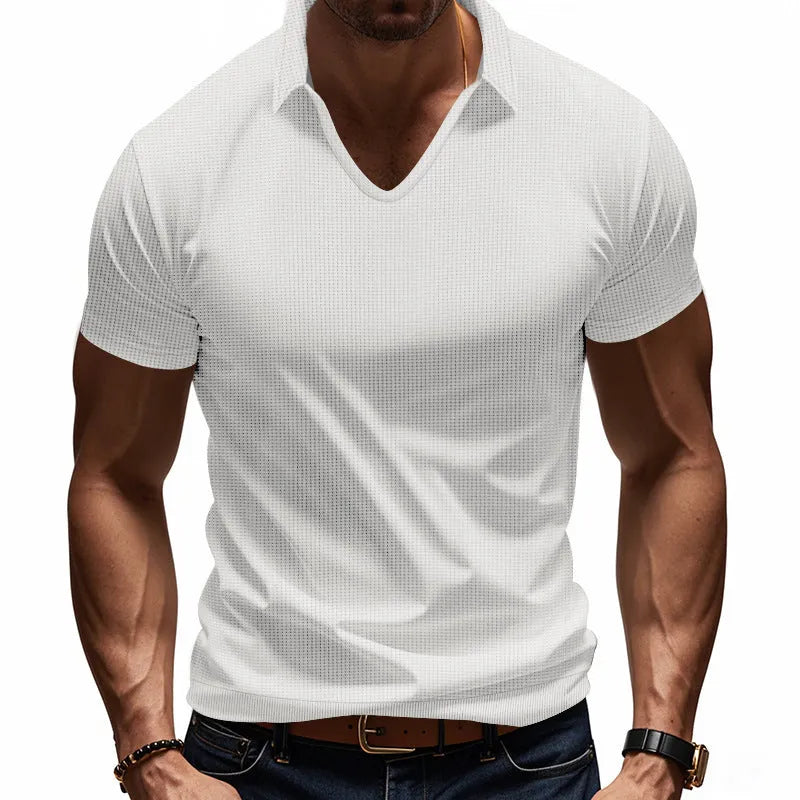 Men's short-sleeve T-shirt in a V-neck loose fit, available in six colours including army green, apricot, and light blue, made from a thin cotton blend polyester fabric suitable for casual summer wear.