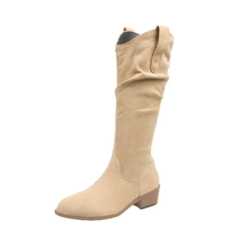Pair of chunky heel suede high-top riding boots with 3-5cm block heel, round toe, microfiber upper, in cloth khaki or leather black or brown.
