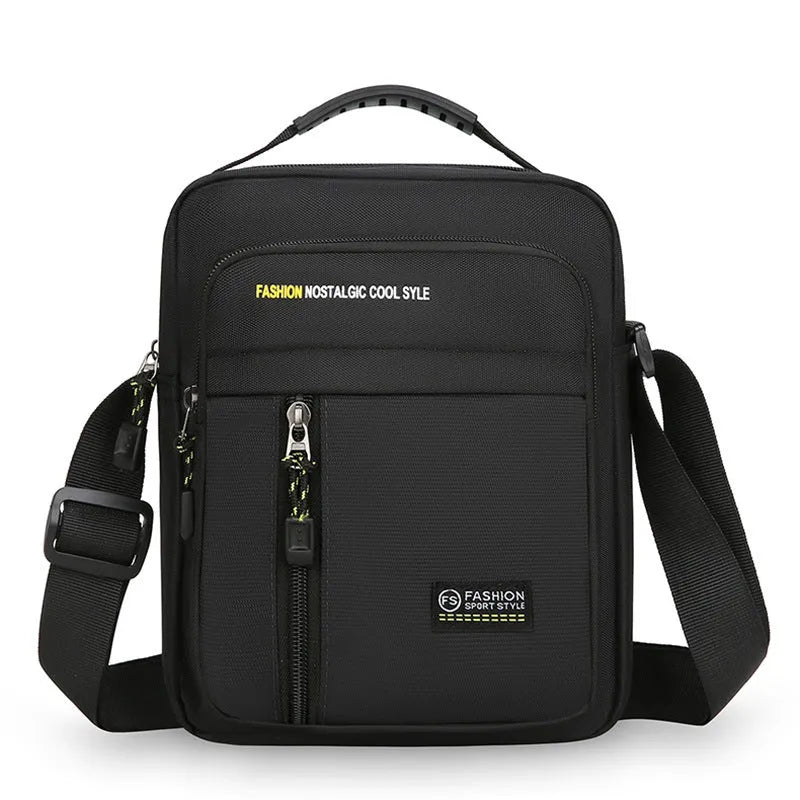 Men's casual nylon messenger bag in four colour options showing shoulder strap and visible sewing thread detailing