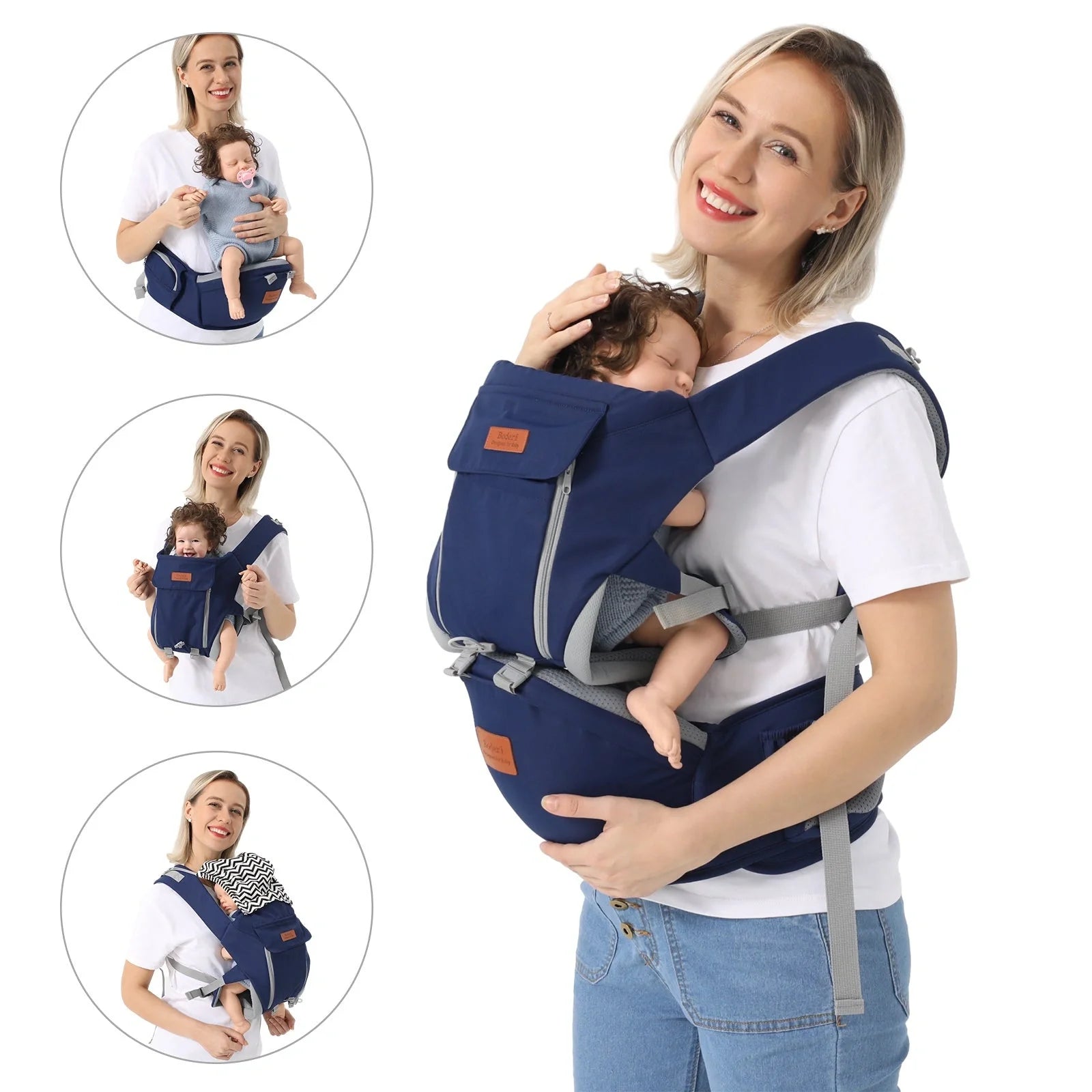 Dual-purpose baby carrier waist stool for newborns and toddlers in light blue, grey, and dark blue
