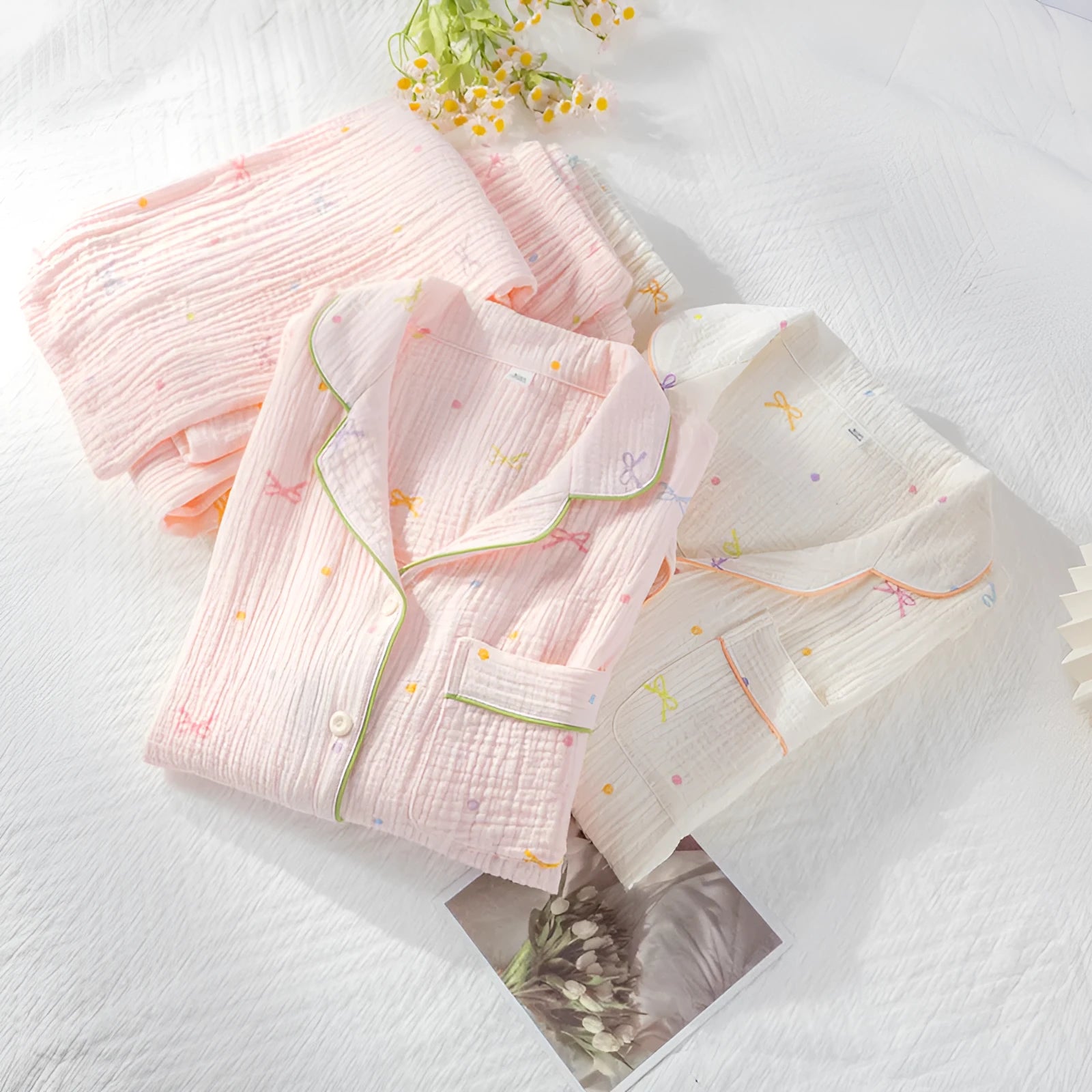 Women's cotton crepe pajama set in pink or beige with long sleeves and thin lightweight fabric