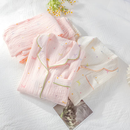 Women's cotton crepe pajama set in pink or beige with long sleeves and thin lightweight fabric