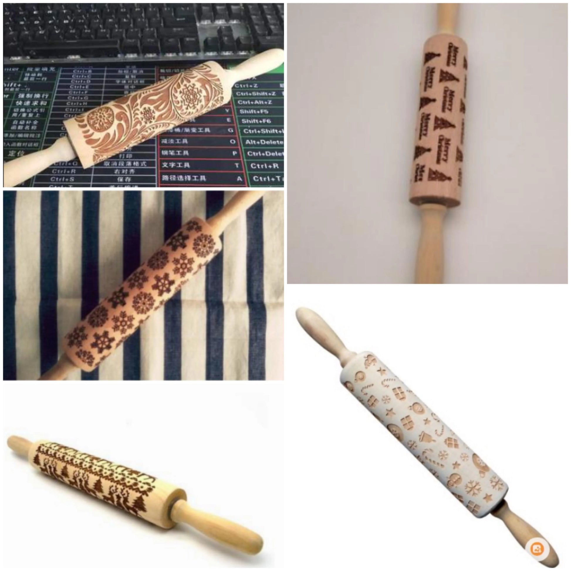 Festive rolling pin with embossed Christmas designs for easy imprinting on dough